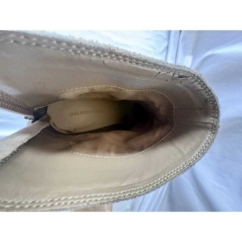 Saks Fifth Avenue Tan‎ Suede Ankle Boots Block Heel Pointed Toe Size 7M / 37